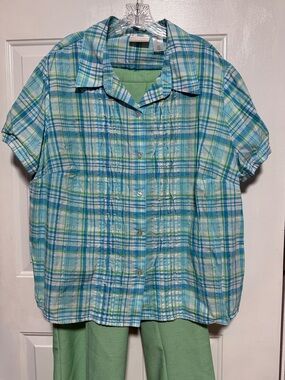 Alfred Dunner Set Plaid Short-Sleeve Button Front Top in Blue-Green